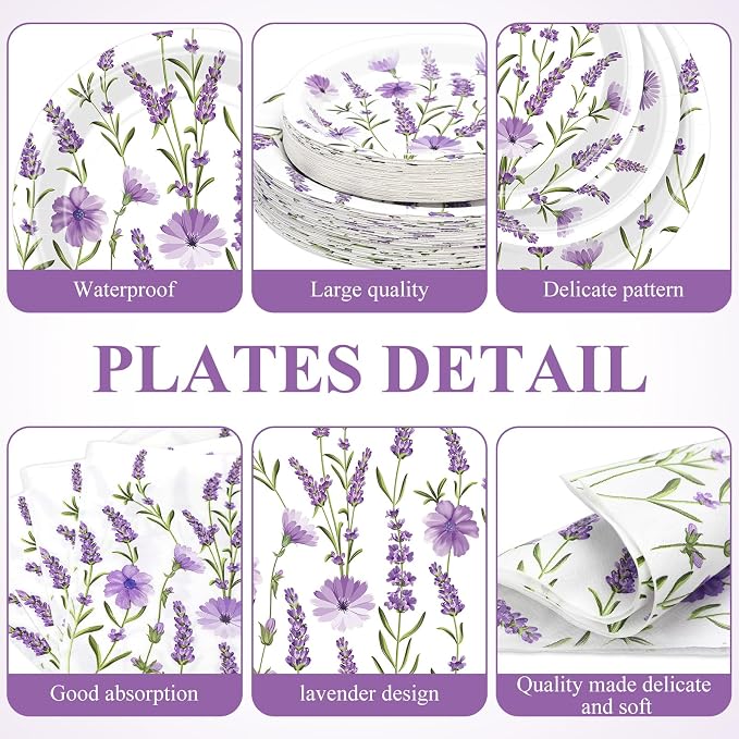 Funnymoom 400 Pcs Purple Lavender Floral Party Supplies Spring Lavender Paper Plates Napkins Cups Spoons Forks Knives for Wedding Birthday Bridal Baby Shower Party Decorations