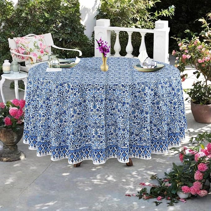 Ridhi Round Tablecloth Hand Block Print 100% Cotton Reusable Dark Royal Blue 132 Inch Table Cover Decorative Everyday Use for Dining, Home, Party, Wedding, Farmhouse Gift for Spring, Mother's Day