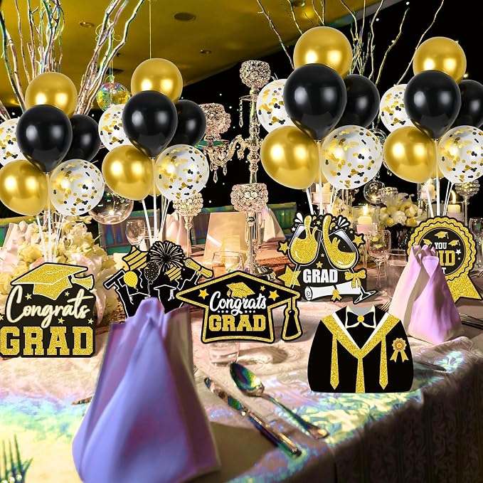 6 Sets Black Gold Graduation Balloon Stand Kit for Table Decorations Class of 2025 Congrats Grad Table Centerpiece Grad Prom Themed Decoration for Grad School & College Ceremonies Party Supplies