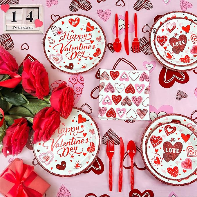 Valentines Day Party Supplies Set for 24, Valentine's Day Plates and Napkins Valentines Tablecloth Cups Valentine Disposable Dinnerware for Valentine's Days Party Decorations