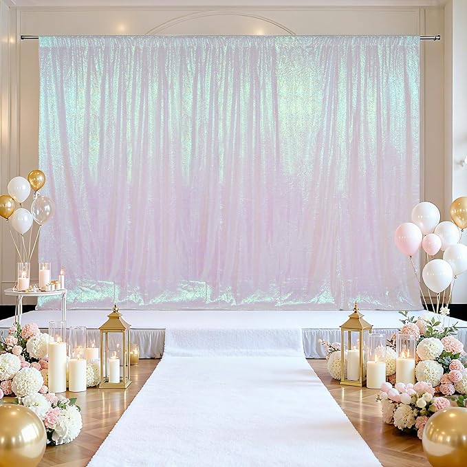 SquarePie 20x10ft Iridescent Sequin Backdrop for Photography, Satin-Backed Real Sequin Curtain, Enhanced Coverage Shimmering Background with 4" Rod Pocket for Wedding, Birthday, Party Decor, 1 Panel