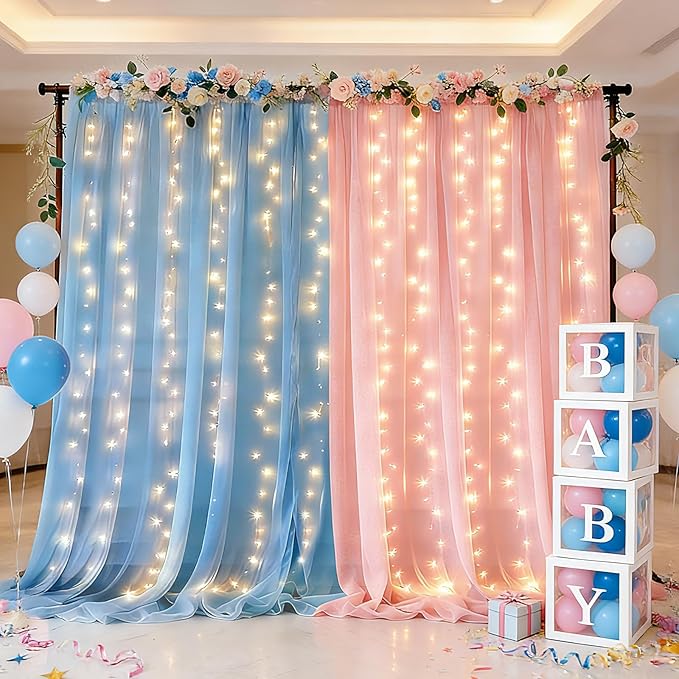 Ledido 10×8ft Pink Blue Tulle Backdrop Curtains with Lights String - 300LED Fairy Lights Sheer Curtain Backdrop for Gender Reveal Baby Shower Photo Shoot Birthday Party Decoration(2 Panels 5×8ft)