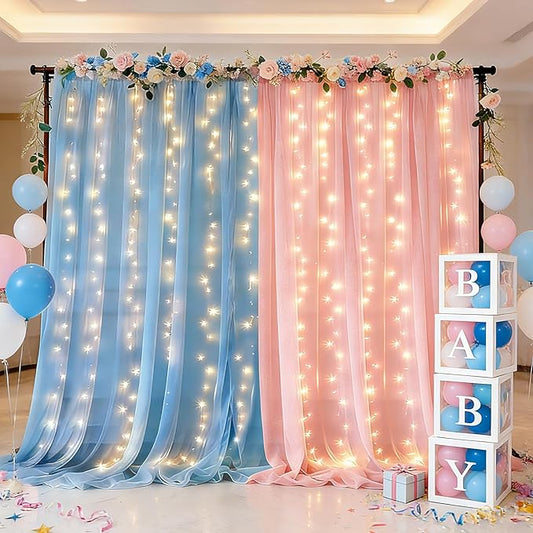 Ledido 10×8ft Pink Blue Tulle Backdrop Curtains with Lights String - 300LED Fairy Lights Sheer Curtain Backdrop for Gender Reveal Baby Shower Photo Shoot Birthday Party Decoration(2 Panels 5×8ft)
