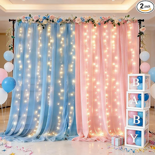 Ledido 10×10ft Pink Blue Tulle Backdrop Curtains with Lights String - 300LED Fairy Lights Sheer Curtain Backdrop for Gender Reveal Baby Shower Photo Shoot Birthday Party Decoration(2 Panels 5×10ft)