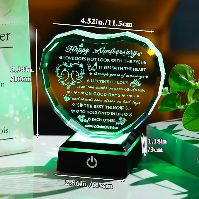 Arikyrist Wedding Anniversary Crystal Heart Gifts for Couple Parents, Happy Anniversary Crystal Gift for Wife Husband Men Women with LED Base Marriage Present for Him Her Girlfriend Boyfriend