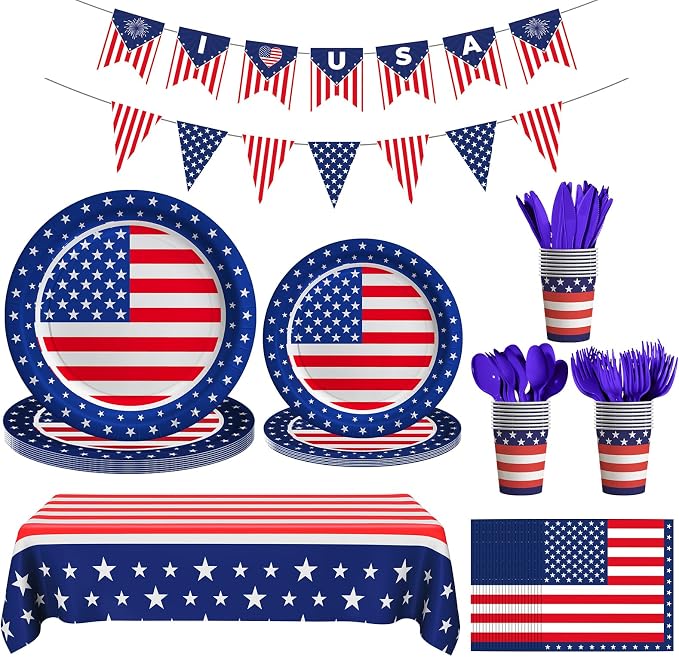 Cecnamt American Flag Themed Party Decorations, 170 Pcs Patriotic Party Decorations Including Banner, Plates, Cups, Napkins, Cutlery, Straws and Tablecloths, Serves 24