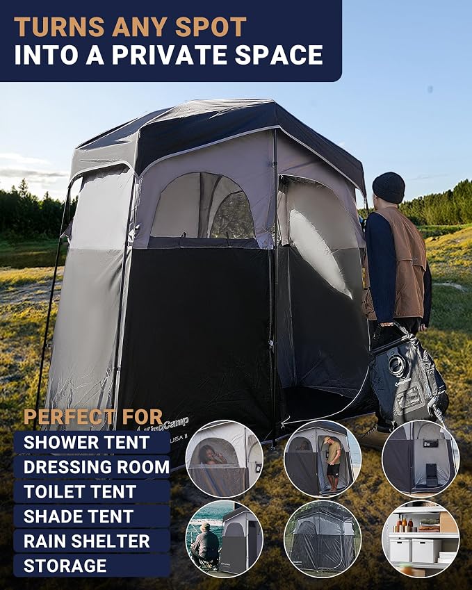 KingCamp Camping Shower Tent, Portable Outdoor Privacy Toilet & Changing Tent Windproof & Waterproof Easy Setup Shelter with Shower Bag for Camping Hiking Beach