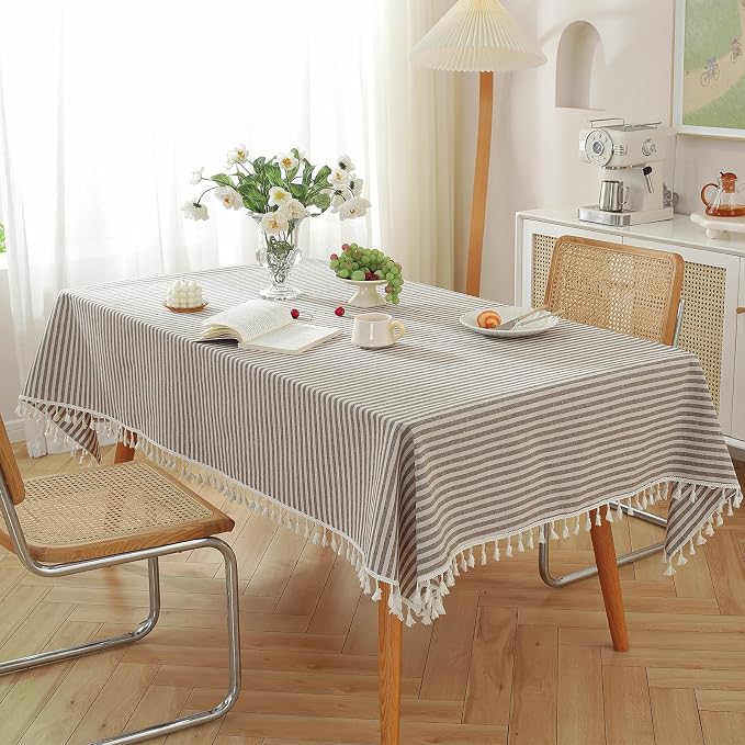 meioro Tablecloth Striped Fringe Table Cloth Rectangular Tablecloths Cotton Blend Table Cover for Dining Coffee Buffet Kitchen Picnic Tables, Parties Holiday Wedding Use(52 x 70 Inch, Coffee Brown)