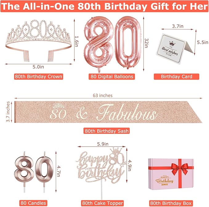 80th Birthday Decorations for Women, Include 80th Birthday Sash and Tiara, Cake Topper and Candles, Number Balloons, Greeting Card, 80 Year Old Gifts for Women