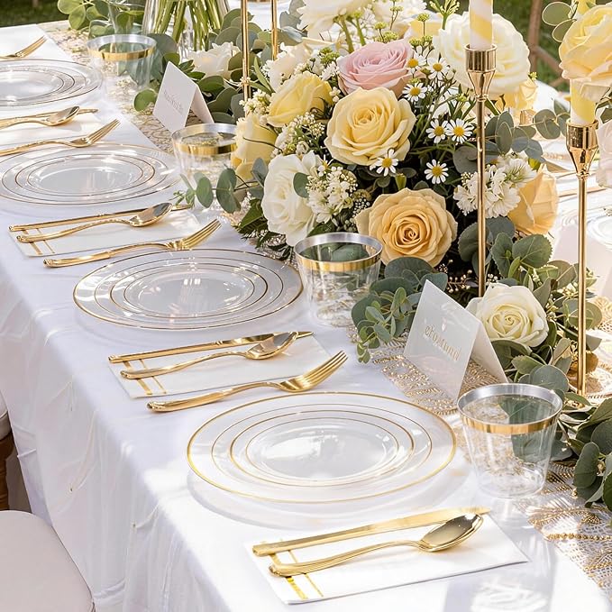GATHER 350PCS Clear Gold Plastic Plates - Disposable Gold Dinnerware Sets Includes 100 Gold Rim Plastic Plates, 150 Silverware, 50 Napkins, 50 Cups for Party, Wedding