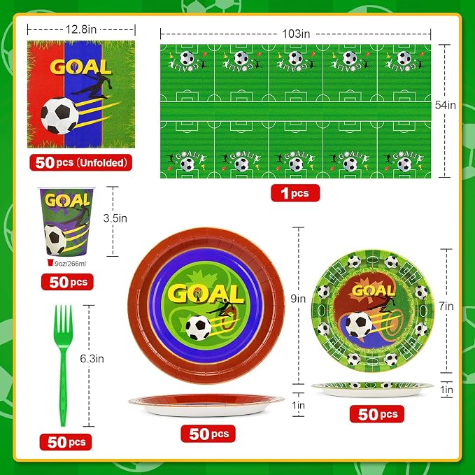 251PCS Soccer Party Decorations Serve 50 World Cup 2026 Soccer Ball Birthday Plates and Napkins Cups Tablecloth Party Supplies Disposable Party Favors Football Sports Theme Tableware Set