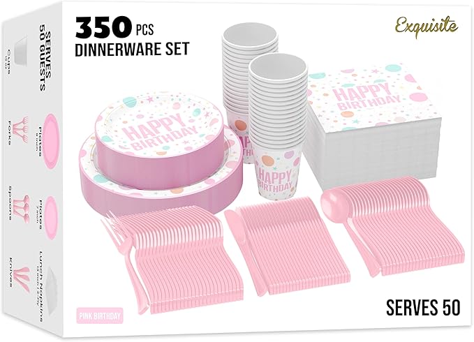 Exquisite 350 Pcs Pink Happy Birthday Plates and Napkins Set, Pink Birthday Plates Set, 50 Of Each 9" Dinner Plate, 7" Dessert Plate, 12 oz Cups, Napkins & Cutlery Plastic Dinnerware Set Set