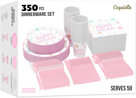 Exquisite 350 Pcs Pink Happy Birthday Plates and Napkins Set, Pink Birthday Plates Set, 50 Of Each 9" Dinner Plate, 7" Dessert Plate, 12 oz Cups, Napkins & Cutlery Plastic Dinnerware Set Set
