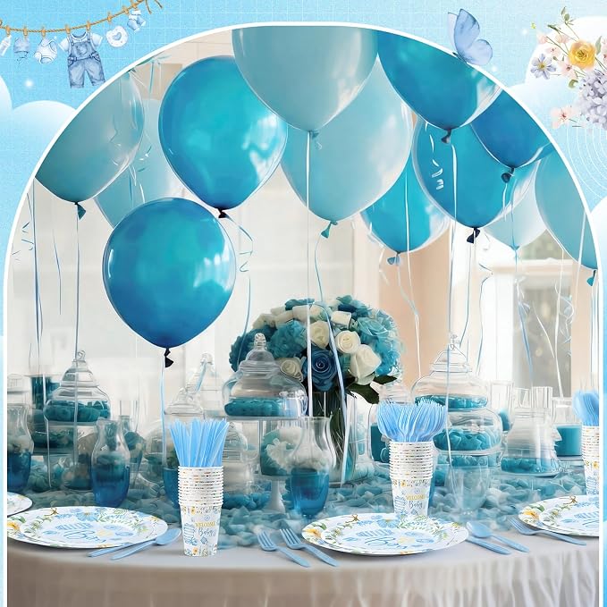 400 Pcs Blue Wildflower Boy Baby Shower Party Decoration for 50, a Sweet Baby Is on His Way Floral Paper Plates Napkins and Cups Cutlery Tableware Set for Boy Shower Party Supplies