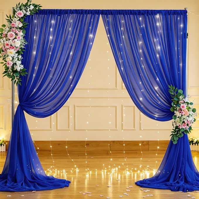 10ft x 10ft Royal Blue Chiffon Backdrop Curtain with Lights String for Parties,2 Panels Sheer Tulle Curtain Wedding Backdrop for Baby Shower Birthday Party Ceremony Reception Home Decorations