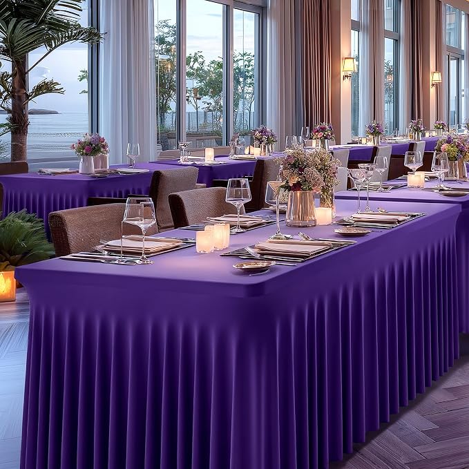 6 Packs Purple Table Clothes for 8 Foot Rectangle Tables, One-Piece Wrinkle Resistant Stretch Spandex Table Covers with Skirt for Event Banquet Wedding Birthday Party