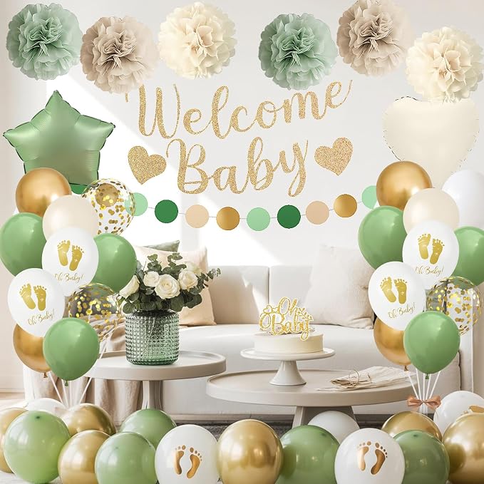 Sage Green Baby Shower Decorations, Welcome Baby Banner Olive Green Gold White Sand Confetti Latex Foil Balloons with Oh Baby Cake Topper Pom Poms Tassels for Boho Neutral Gender Reveal Party Supplies