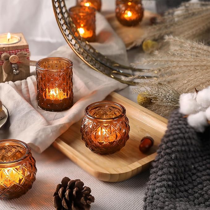 DARJEN Amber Votive Candle Holders Set of 24- Round Candle Holders Bulk, Glass Candle Holder for Vintage Decoration, Tea Lights Candle Holders for Wedding Home Party & Gift