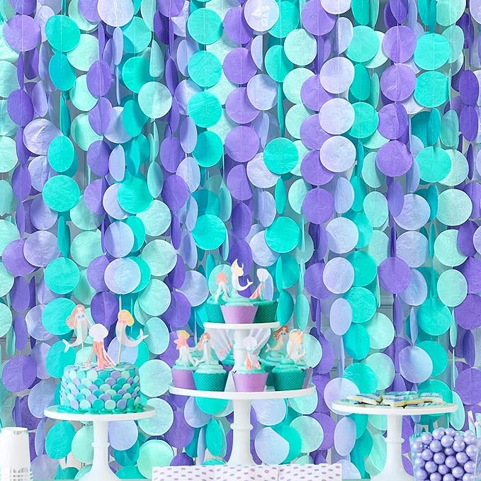 205Ft Purple Teal Big Circle Dot Backdrop Streamer Tissue Paper Polka Dot Hanging Garland for Mermaid Under The Sea Birthday Bachelorette Wedding Baby Shower Engagement Party Decorations Supplies