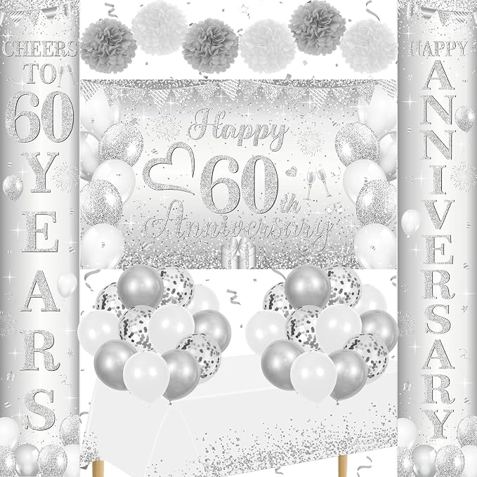 Silver Happy 60th Anniversary Decorations for Men Women, Silver 60th Wedding Anniversary Party Decorations Banner, Porch Banner, Tablecloth and Balloons Kit Party Supplies