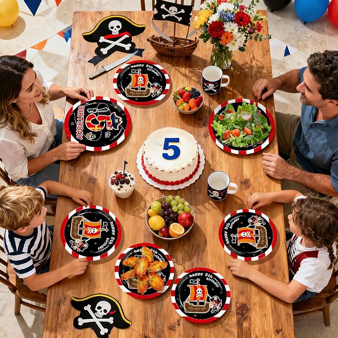 96Pcs Pirate 5th Birthday Party Decoration Pirate Fifth Birthday Plates and Napkins Red Black Ship Skull Disposable Paper Tableware Set for Kids Boys 5 Year Old Party Supplies Serves 24