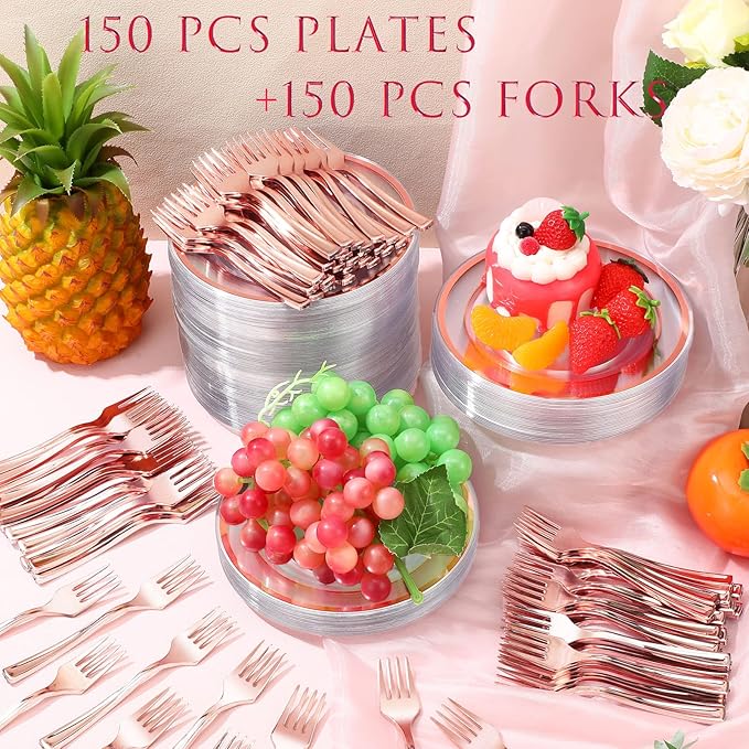 300 Pcs Rose Gold Plastic Dessert Plates Set 150 Clear Disposable Dessert Plates 6 Inch and 150 Plastic Appetizer Forks for Wedding Birthday Party Baby Bridal Shower(Rose Gold)
