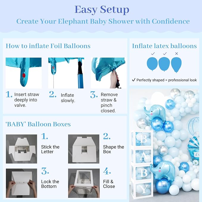 Vidal Crafts 139 PCs Elephant Baby Shower Decorations Boy, Themed Baby Boy Shower Decorations, Complete Party Kit with Elephant Backdrop, Balloon Garland, BABY Boxes & Mom to Be Sash