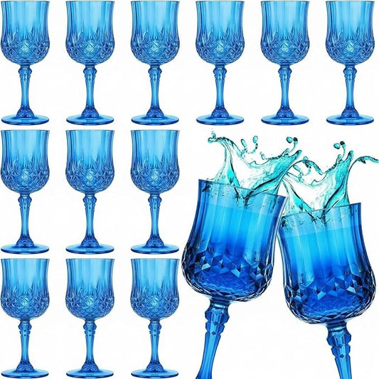 Pinkunn 24 Pcs 7 oz Plastic Vintage Wine Glasses Reusable Colored Goblets Patterned Drinking Water Glasses Cup Dishwasher Safe for Mother's Day Wedding Reception Party Supplies (Dark Blue)