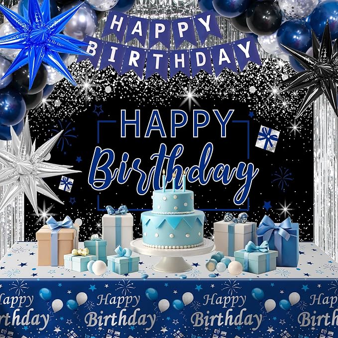 Blue and Black Birthday Decorations for Men Women, Happy Birthday Decorations for Boys Girls Silver Blue Party Decorations Backdrop Tablecloth Confetti Balloons Arch Kit Fringe Curtains Table Cover