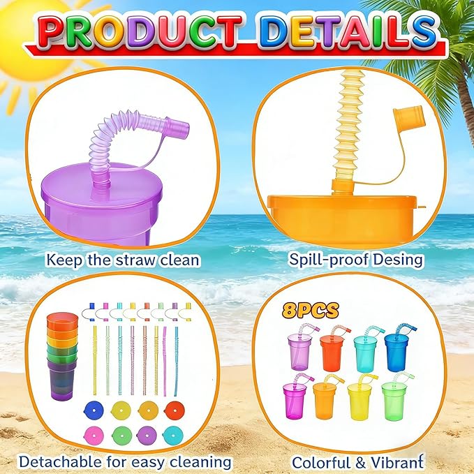 Haundry 24 Pack Kids Party Cups with Lids and Straws, Colorful Plastic Sipper Party Favor Cups for School Events and Birthday Celebrations Supplies, Neon Colors