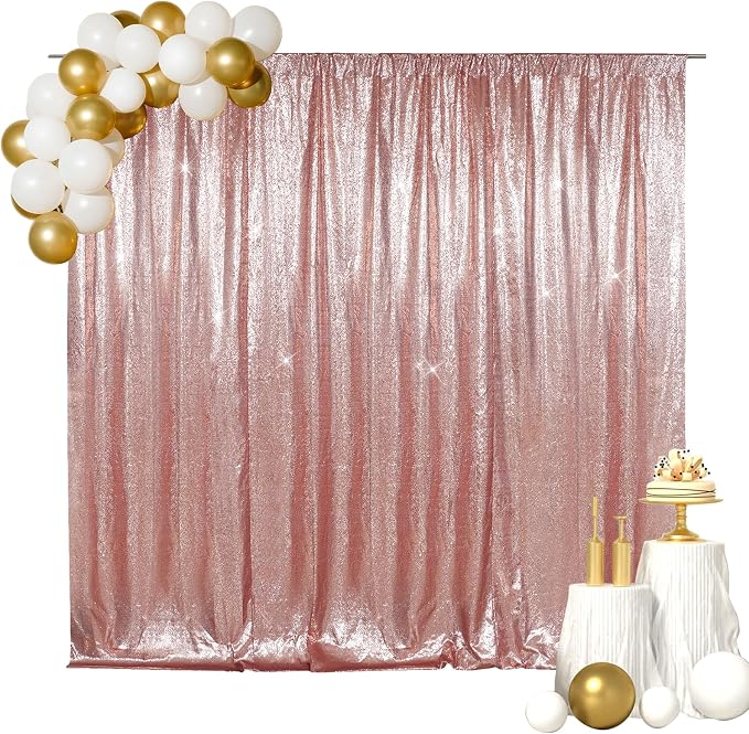 SquarePie 6x6ft Rose Gold Sequin Backdrop for Photography, Satin-Backed Real Sequin Curtain, Enhanced Coverage Shimmering Background with 4" Rod Pocket for Wedding, Birthday, Party Decor, 1 Panel