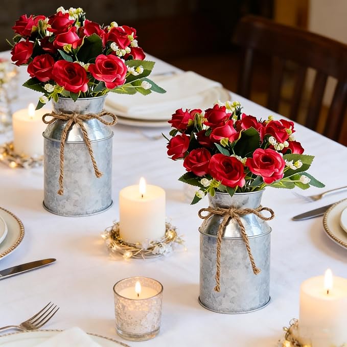 Set of 6 Wedding Flower Centerpiece for Tables Decorations, Red Artificial Roses Bouquet with Metal Vase, Faux Flower Arrangement for Party Bridal Shower Party Event (Silver Vases & Red Roses)