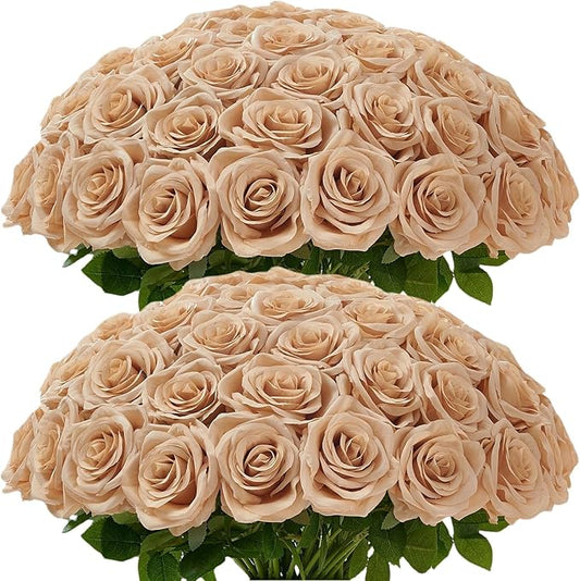 100 Pcs Artificial Roses Bulk Silk Beige Roses Tan Roses for Wedding Centerpieces Bridal Bouquet Mohter's Day Valentine's Day Home Decor