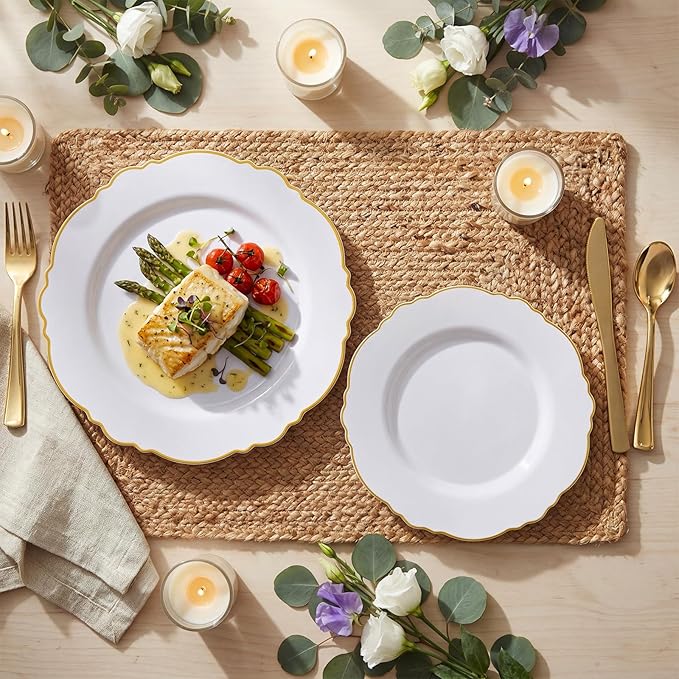 WDF 60pcs White and Gold Plastic Plates - Baroque White With Gold of 30 Heavy Duty Gold dinner plates 10.25inch, 30 Salad Plates 7.5inch Perfect for Wedding/Baby Shower/Spring/Mother's Day