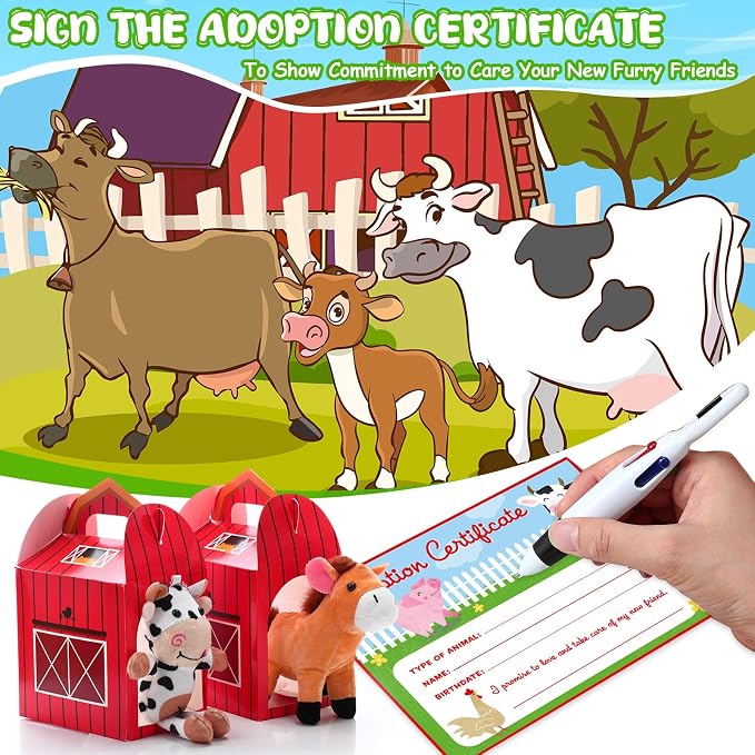 Blueweenly 84 Pcs Adopt a Pet Party Supplies 24 Mini Animals 10 White Plastic Fence 24 Paper Gift Boxes 24 Adoption Cards with Mini Chalkboard and Artificial Lawn(Farm Animals)