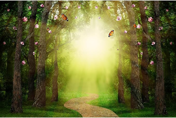Fantasy Forest Backdrop Magic Forest Beautiful Butterflies and Sunlit Way Photography Background Fairy Wonderland Foggy Forest Backdrop Decors Spring Travel Hiking Outdoor Party Background 7x5ft