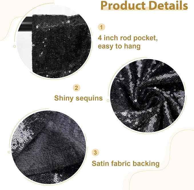 SquarePie 2 PCS 4x10ft Black Sequin Backdrop for Photography, Extra Long Satin-Backed Real Sequin Curtain, High-Density Shimmering Background with 4" Rod Pocket for Wedding Ceremony, 2 Panels