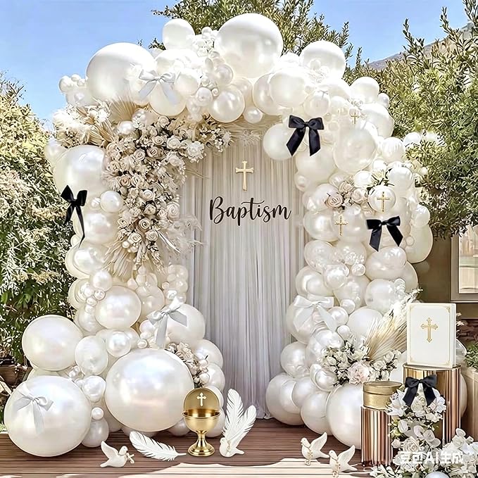 Pearl White Balloon Arch Kit,Double Stuffed White Pearl Balloon Garland Different Sizes 5/12/18 Inch with Black and White Bow for Baby Shower Baptism Wedding Birthday Engagement Party Decoration