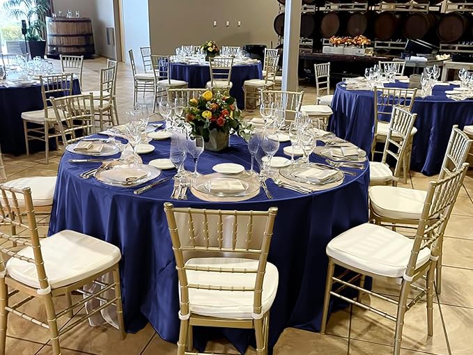 12 Pack 108 Inch Round Tablecloth, Navy Blue Satin Fabric Tablecloth for Round Tables, Wrinkle Resistant Washable Table Cover Bright Silk Table Clothes for Wedding Party Dining Tables Banquet
