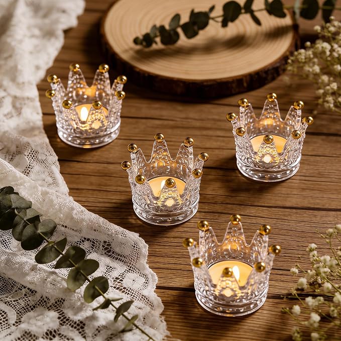 Rubtlamp 6 Pack Clear Gold Crown Glass Candle Holder, Clear Votive Candle Holders with Gold Tips, Tealight Candles Holders for Table Centerpieces, Wedding, Birthday
