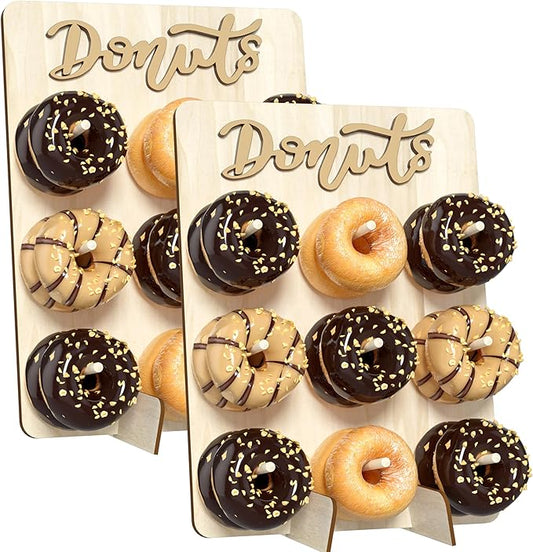 Donut Wall Display Stand, 2 Pack Wooden Donut Peg Board Holds 18 Donuts, Doughnut Display Stand for Party, Donut Holder Stand Party Decorations, Natural