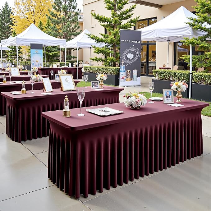 6 pk Burgundy Spandex Tablecloth 6ft with Ruffled Tables,Wrinkle Free High-Stretch Fitted Table Cloths for 6 Foot Rectangle Tables,Elastic Maroon Spandex Table Covers 6 ft for Weddings Banquet Dinning