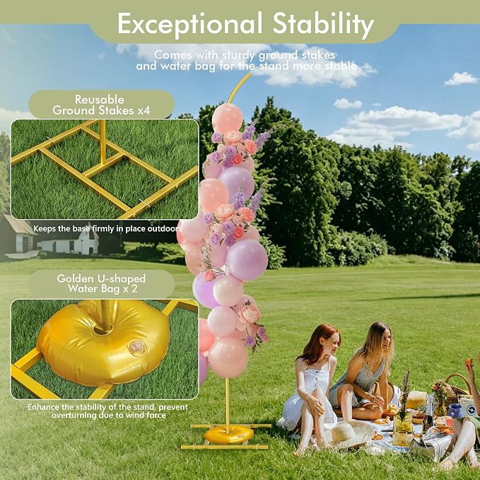 EMART Balloon Arch Stand with 2 Golden U-shaped Water Bag & 4 Reusable Ground Stakes,7.5FT & 6.2FT Set of 2 Gold Half Wedding Arch Stand for Wedding,Party, Baby Shower, Graduation Ceremony, Exhibition