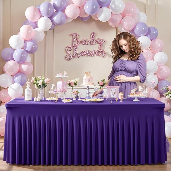 2 Packs Purple Table Clothes for 6 Foot Rectangle Tables, One-Piece Wrinkle Resistant Stretch Spandex Table Covers with Skirt for Event Banquet Wedding Birthday Party