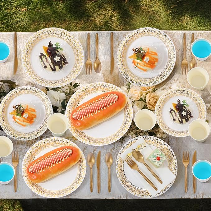 Didaey 700 Pcs Disposable Dinnerware Set for 100 Guests Include 200 Paper Plates, 300 Plastic Silverware, 100 Paper Cups, 100 Napkins for Wedding Birthday Party Supplies (White Gold Pattern)