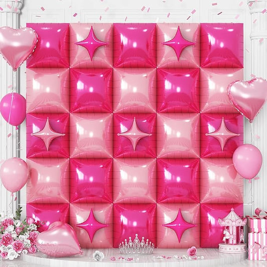 32PCS Hot Pink Square Foil Balloon Wall Double Sided, Metallic Bright Pink and Light Pink with Star Balloons Backdrop Flat Tunnel Foil Magenta Background for Girls Women Princess Birthdays Baby Shower