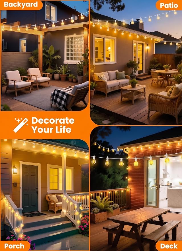 Brightown Outdoor String Lights, 50FT 25 G40 Bulbs Shatterproof Patio Lights, IP65 Waterproof Dimmable Hanging Connectable Globe LED Outdoor Lights for Backyard, Bistro, Porch, Deck, Balcony, White
