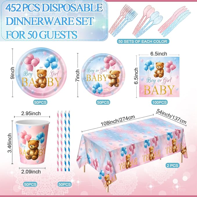 Funnymoom 452 Pcs Bear Themed Gender Reveal Party Decorations for 50, Boy or Girl Gender Reveal Paper Plates Napkins Cups Tablecloth Cutlery Straws for Pink Blue Baby Shower Party Supplies