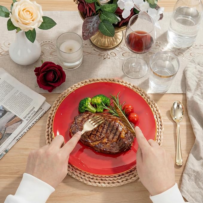 KIRE 350PCS Red Plastic Plates - Heavy Duty Red Plates Disposable - 50Guest Plastic Dinnerware Include 50Dinner Plate,50Dessert Plate,50Pre Rolled Napkins with Silverware for Wedding&Mother's Day