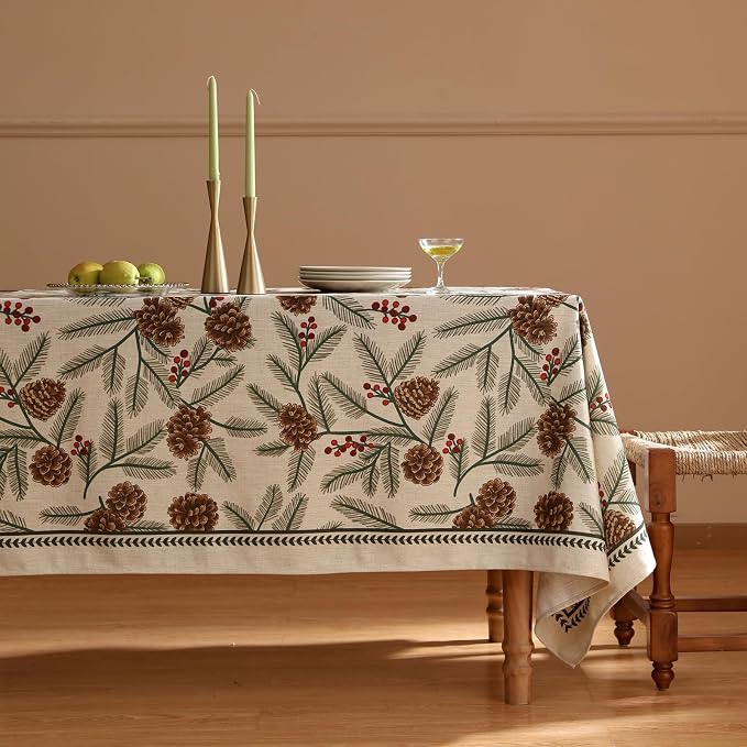 ISAENNE Designer Vintage Linen Rectangular Tablecloth,110"x63"-Carol B | French Elegant Table Cloth Rectangle Table,Pinecones Pattern,Decor,Dining Room,Kitchen,Tea Party,Thanksgiving,Christmas